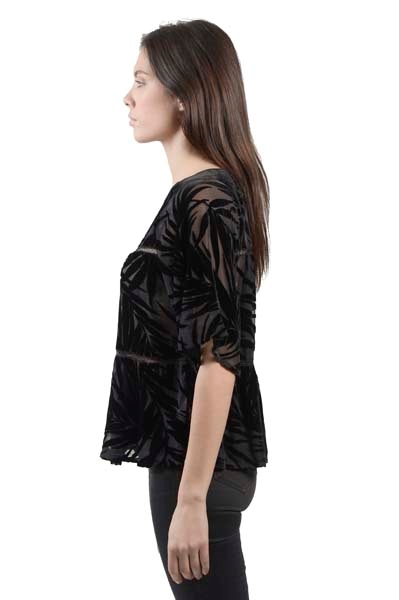 Picture of PALM LEAF VELVET BURNOUT SHORT SLEEVE TOP WITH LACE TRIM