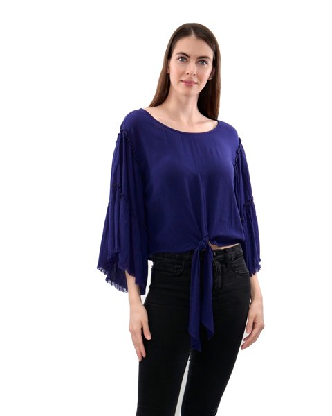 Picture of TIE FRONT RAYON GAUZE TOP WITH DRAMATIC BELL SLEEVES