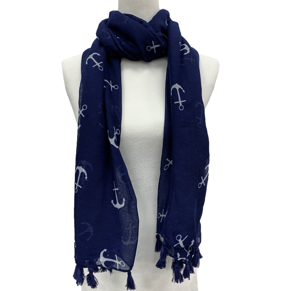 Picture of ANNA CAI INDIGO BLUE ANCHOR SCARF WITH FRINGES