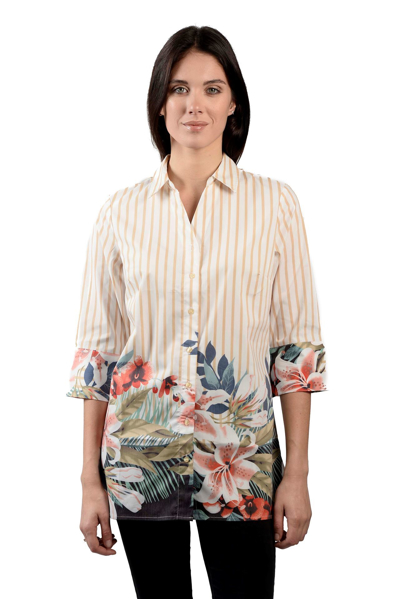 Picture of 3/4 CUFF SLEEVE STRIPED BUTTON UP SHIRT WITH TROPICAL PLACEMENT PRINT