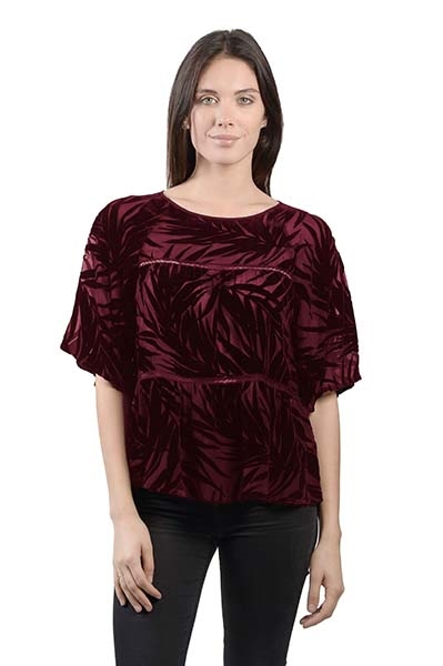 Picture of PALM LEAF VELVET BURNOUT SHORT SLEEVE TOP WITH LACE TRIM